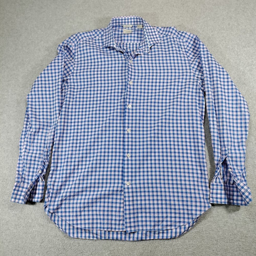 Culturata Shirt Mens Large Tailored Fit Blue Pink Check Spread Collar Italy